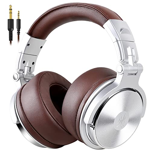 Over Ear Headphone, Wired Premium Stereo Sound Headsets with 50mm Driver, Foldable Comfortable Headphones with Protein Earmuffs and Shareport for Recording Monitoring Podcast PC (Silver)