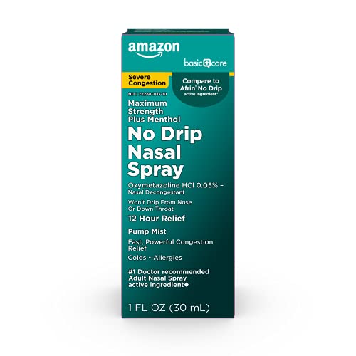 Amazon Basic Care No Drip Severe Congestion Nasal Pump Mist Spray, 12 Hour Relief, Oxymetazoline HCl, Maximum Strength Plus Menthol, Steroid Free, 1 Fl Oz (Pack of 1)