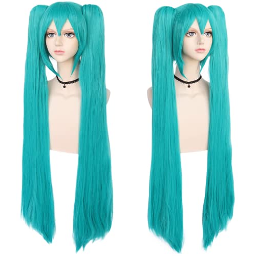 Anogol Hair Cap+48inch/120cm Green Wig Cosplay Green Teal wig Double Ponytail Wig, Long Green Lolita Wig For Halloween Costume, Long Green Wig With Bangs Straight wig For Halloween Party Cosplay Wig