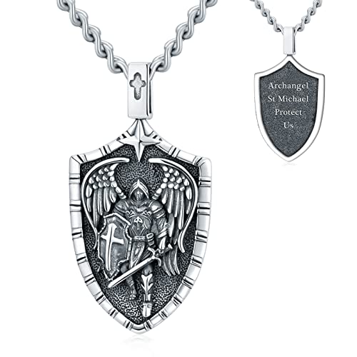 WINNICACA Archangel St.Michael Necklace Shield Charm Sterling Silver Protect Us Pendant Jewelry for Men Women St Michael Medal for Boys Saint Michael Protect Us Travel Gift for Father