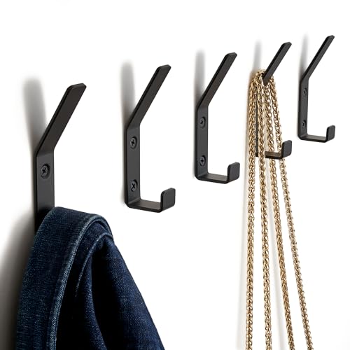 Decorative Coat Hooks For Wall Mount Set of 5 - Stylish and Sturdy Black Metal Double Hooks Are Perfect To Hang Your Jackets, Towels Or Hats - A Modern Addition To Any Farmhouse or Minimal Home Decor