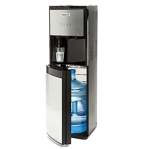 Igloo Stainless Steel Hot, Cold & Room Water Cooler Dispenser, Holds 3 & 5 Gallon Bottles, 3 Temperature Spouts, No Lift Bottom Loading, Child Safety Lock, Black/Stainless