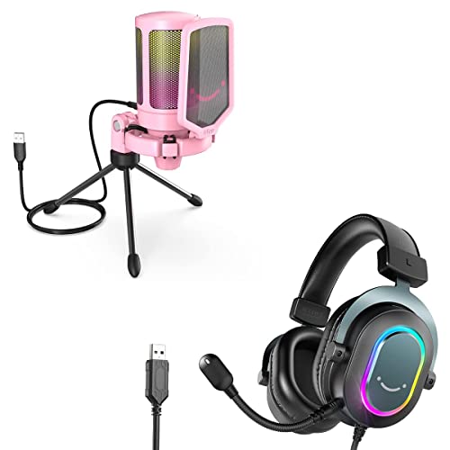 FIFINE Streaming PC Microphone, USB Gaming RGB Headset, AmpliGame Computer Condenser Desktop Mic with Mute, Mic Gain, Wired Headsets with Mic, 7.1 Surround Sound, for Gamer, Youtuber-Pink (A6P+H6)