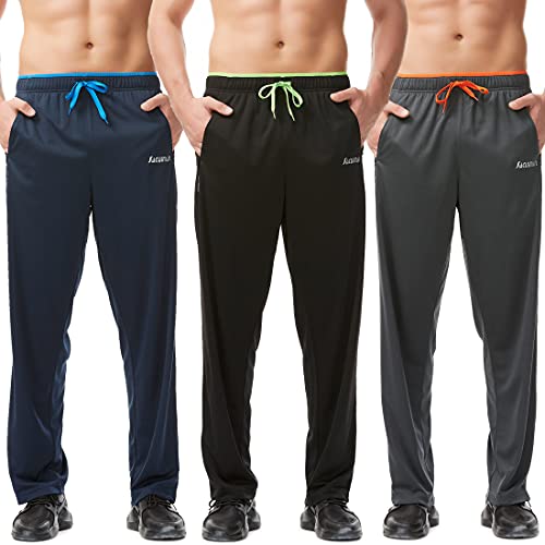 SACUIMAN Mens Sweatpants Summer Fall Lightweight Workout Athletic Running Pants for Men with Zipper Pockets Open Bottom (3 Pack,L)