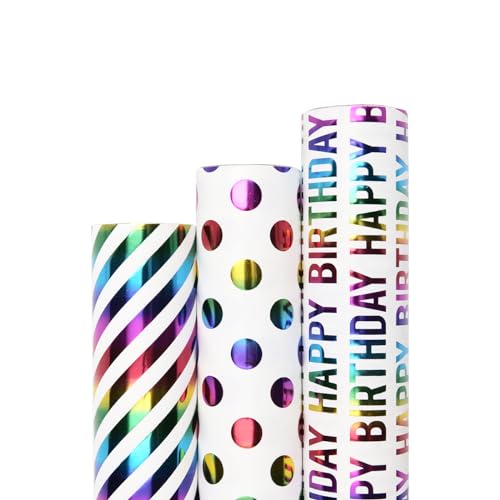 Blavermant Birthday Wrapping paper rolls, Gift Wrapping Paper Mini Roll - 17' X 10 ft Per roll, 3 Colorful Designs for Birthday