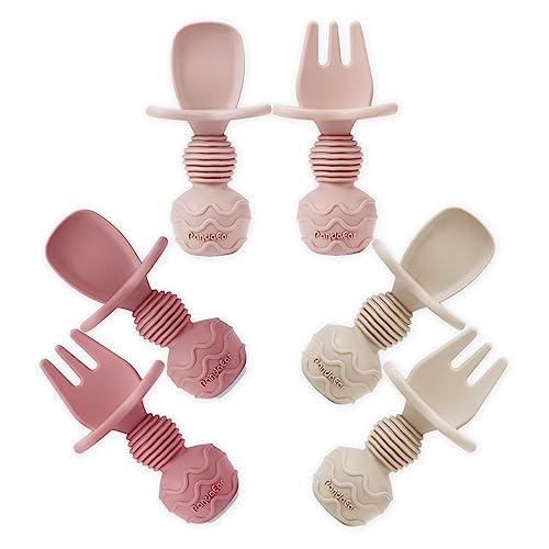 PandaEar 6 Pack Silicone Baby Spoons and Fork Feeding Set- Anti-Choke First Self Feeding Utensils for Baby Led Weaning Ages 3 Months -Pink