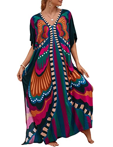 Bsubseach Loose Beach Cover Up Short Sleeve Mrs Roper Caftan Casual Kaftan Dress for Women Swimsuit Coverup Butterfly Print