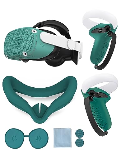 Gwyoneaon Protective Cover for Oculus/Meta Quest 2 Accessories, Silicone Controllers Grip Cover Protector, Soft Shell Skin with Face Cover and Lens Cover (Green)