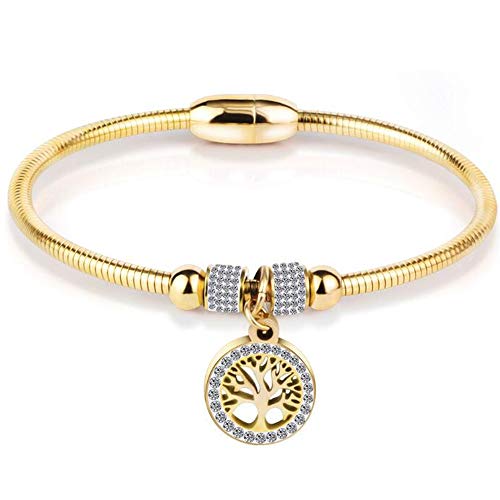 Jude Jewelers Stainless Steel Tree of Life Charm Bangle Bracelet Cocktail Party Anniversary (Gold)
