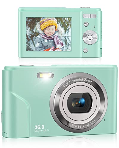 Digital Camera, Lecran FHD 1080P 36.0 Mega Pixels Vlogging Camera with 16X Digital Zoom, LCD Screen, Compact Portable Mini Cameras for Students, Teens, Kids (Green)