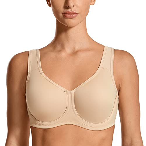 SYROKAN Women's Max Control Underwire Sports Bra High Impact Plus Size with Adjustable Straps Beige 40DD