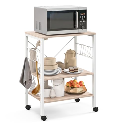 Giantex Kitchen Bakers Rack 3-Tier Microwave Cart on Wheels, Industrial Utility Bar Cart with 10 Hooks Metal Frame Wood Storage Shelves, Rolling Microwave Stand, Maple & White