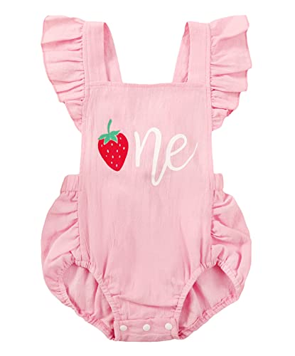 GRNSHTS Baby Girls First Birthday Clothes Ruffle Strawberry One Romper Backless Bodysuit Cake Smash Outfits (Pink, 12-18M)