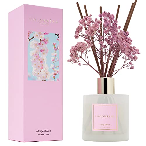 Cocorrína Reed Diffuser Sets - 6.7 oz. Cherry Blossom Diffuser with Sticks Home Fragrance Oil Reed Diffuser for Home Bathroom Shelf Decor