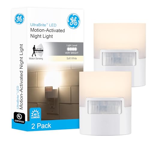 GE LED Motion Sensor Night Light, Plug into wall, 40 Lumens, Soft White, UL-Certified, Energy Efficient, Ideal Nightlight for Bedroom, Bathroom, Kitchen, Hallway, 46632, White, 2 Pack