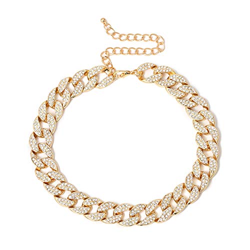 Ingemark Shiny CZ Rhinestone Curb Cuban Link Chain Choker for Women Unisex Cool Hip Hop Miami Cuban Diamond-Cut Chain Choker Necklace (Style 1 Golden)