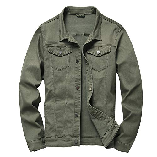 LAMKUKU Mens Denim Jacket Ripped Slim Jean Jacket Coat for Men (Large, Green)