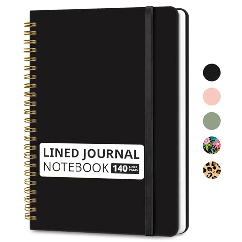 Lined Spiral Journal Notebook for Women & Men, 140 Pages, College Ruled Hardcover Notebook for Work & Note Taking, Journals for Writing, A5 - Black