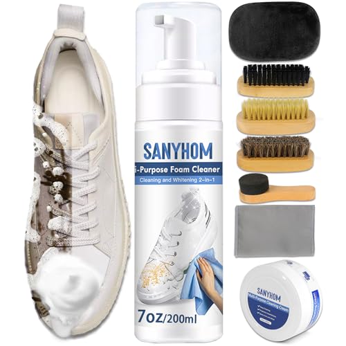 SANYHOM 8-in-1 Shoe Cleaner Kit, Quick, Waterless Cleaning for Sneakers, Canvas Plastic Golf Leather Pink and White Shoes, Gentle Formula for Effortless Care Without Harming Shoes