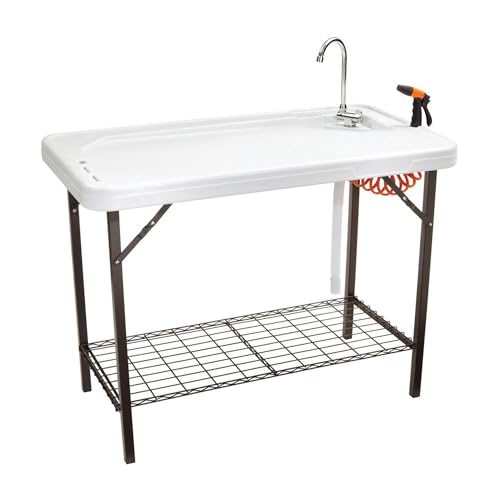 Tricam Large Deluxe Cleaning Table with Quick Connect Faucet, Sloped Surface, Wire Mesh Shelf and Folding Legs for Outdoor Use, White