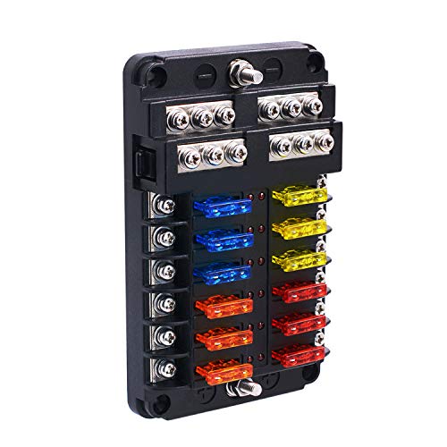 BlueFire 12 Way Blade Fuse Box Fuse Box Holder Standard Circuit Fuse Holder Box Block with LED Light Indication & Protection Cover for Car Boat Marine Trike Car Truck Vehicle SUV Yacht RV