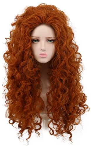 yuehong Long Curly Orange Wig Cosplay Red Wig for Halloween Princess Costume