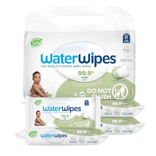 WaterWipes Plastic-Free Textured Clean, Toddler & Baby Wipes, 99.9% Water Based Wipes, Unscented & Hypoallergenic for Sensitive Skin, 60 Count (Pack of 4), Packaging May Vary