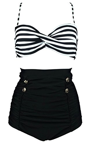 COCOSHIP Black & White Stripe High Waisted Bikini Buttons Vintage Bathing Suit Ruched Swimwear XL(US10)
