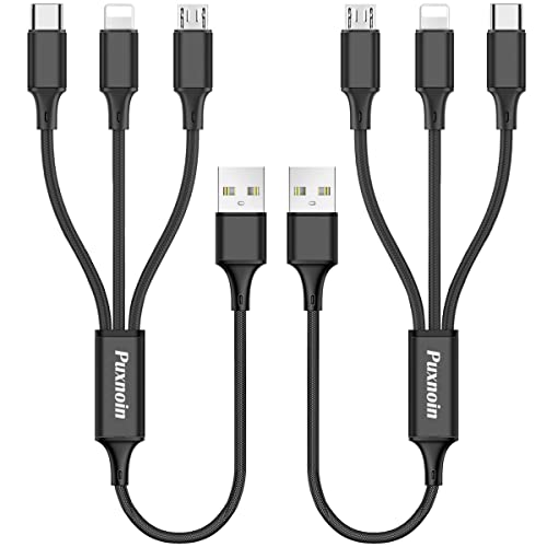 Puxnoin Multi Charging Cable, 2Pack Multi Charger Cable Short 1FT Braided Universal 3 in 1 Multiple USB Cable Charging Cord with Type-C, Micro USB Port Connectors for Cell Phone Tablets and More