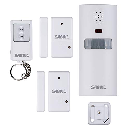 SABRE Home Security System with Remote, 125dB Alarm, Audible Up to 850 Feet (259 Meters), Wireless, Comes with 1 Motion Sensor Alarm, 2 Door or Window Alarms and 1 Remote Key Fob, Home and Away Modes