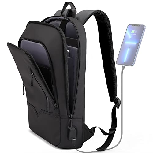 hk Backpack for Men Business Slim Backpack with USB Charger Computer Lightweight Anti-theft Travel Backpacks 15.6 inch Water Resistant Laptop Bag for Work Office College-Black
