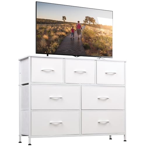 WLIVE Dresser with 7 Drawers, Dressers for Bedroom, Fabric Storage Tower, Hallway, Entryway, Closets, Sturdy Steel Frame, Wood Top, Easy Pull Handle, White