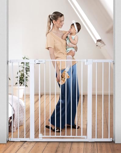 COMOMY 36' Extra Tall Baby Gate for Stairs Doorways, Fits Openings 29.5' to 48.8' Wide, Auto Close Extra Wide Dog Gate for House, Pressure Mounted Easy Walk Through Pet Gate with Door, White