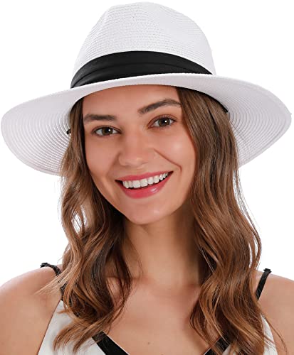 Womens Sun Hat Wide Brim Fedora Hat Cute Straw Hats for Women Panama Beach Hats for Women Foldable White Fedora Women Straw Floppy Hat,White