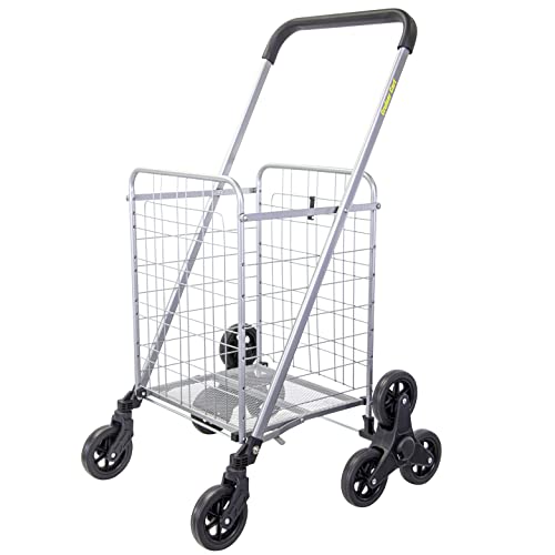 dbest products Stair Climber Cruiser Cart Shopping Grocery Rolling Folding Laundry Basket on Wheels Foldable Utility Trolley Compact Lightweight Collapsible, Silver