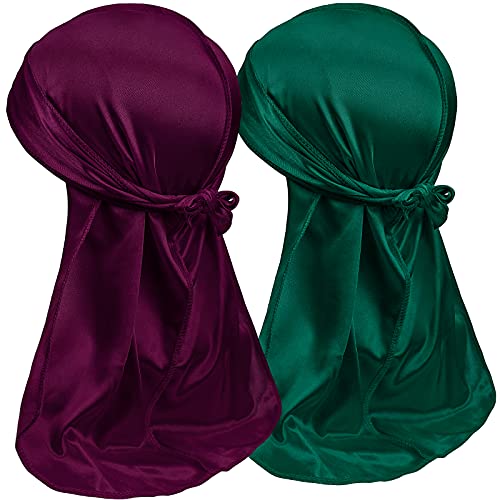 2PCS Silky Durag Pack for Men Waves, Satin Doo Rag for 360 540 720 Waves, Ideal Gifts for Christmas (wine red+dark green)