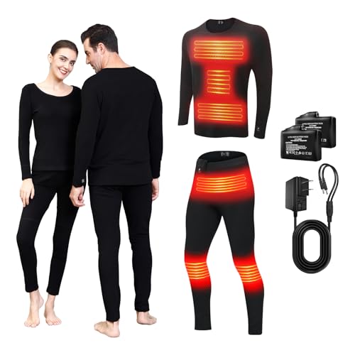 J JINPEI Heated Thermal Underwear Set, Men Women Electric Heated Long Sleeve Long Johns Ultra-Soft Base Layer, Heated Clothes Pants for Cold Weather-Black (L)