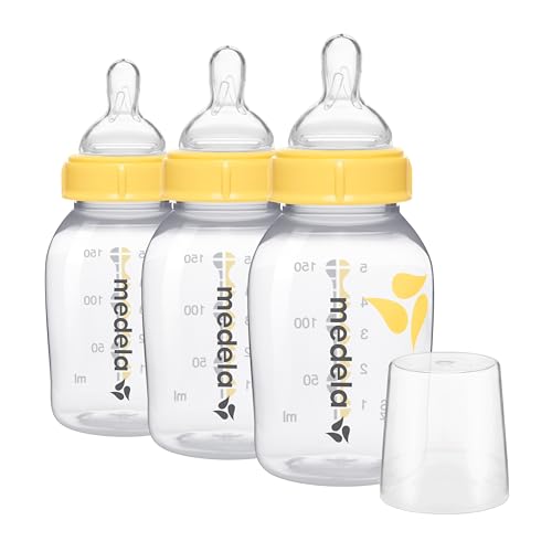 Medela Slow Flow Feeding & Storage Bottles, 3 Pack of 5 Ounce Bottle with Nipple, Lids, Wide Base Collars, and Travel Caps, Made Without BPA