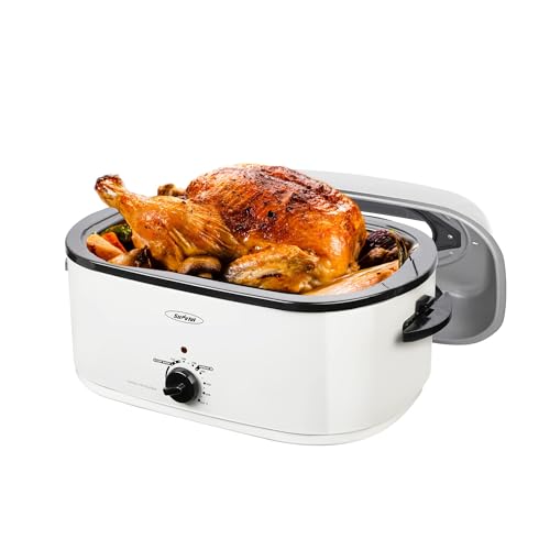 Sunvivi 26 Quart Electric Roaster with Removable Pan, 30 LB Electric Turkey Roaster Oven with Visible & Self-Basting Lid,Large Roaster with Turkey Holder and Cool-Touch Handles,White Body