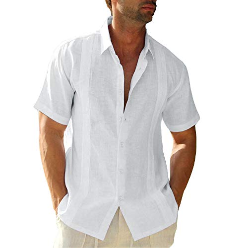 Hestenve Mens Short Sleeve Cuban Camp Guayabera Shirt Cotton Hippie Beach Button Down Shirts White