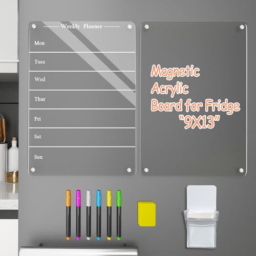 Todkoding 2 PCS 9'x13' Clear Weekly Meal Planner Magnetic Acrylic Board,Acrylic Magnetic Dry Erase Board for Fridge, Magnet Week Calendar for Refrigerator Includes 6 Colors Markers and Pen Container