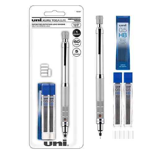 Uniball Kuru Toga Elite Mechanical Pencil Starter Kit with Silver Barrel and 0.5mm Tip, 60 Lead Refills, and 5 Pencil Eraser Refills, HB #2, Office Supplies, School Supplies, Drafting(Pack of 1)