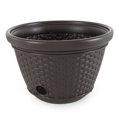 Suncast Plastic Wicker Outdoor Garden Hose Storage Holder Hideaway Pot for 100 Foot Long Hoses with 4 Drain Holes for Porch or Garden, Java