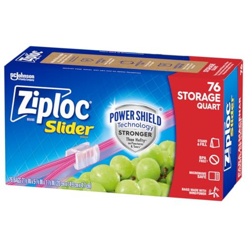 Ziploc Quart Food Storage Slider Bags, Power Shield Technology for More Durability, 76 Count