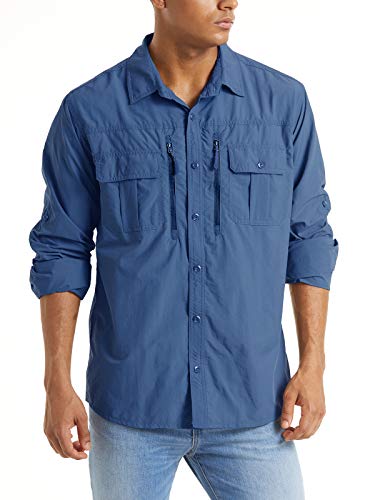 TACVASEN Men's Tactical Shirts Quick Dry UV Protection Long Sleeve Hiking Fishing Button Shirts Royal Blue, L