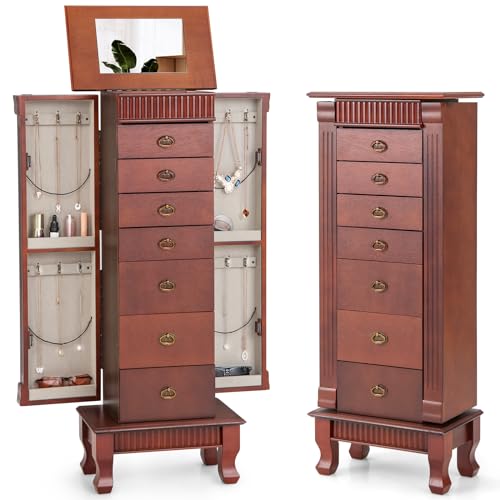 Giantex Standing Jewelry Armoire Cabinet Storage Chest with 7 Drawers, 2 Side Doors, 12 Necklace Hooks, Makeup Mirror and Top Divided Storage Organizer, Large Standing Jewelry Armoire
