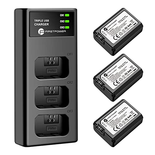 FirstPower NP-FW50 Battery 3-Pack and Triple Slot Charger for Sony Alpha A6000 A6300 A6400 A6500 A7 A7II A7RII A7SII A7S A7S2 A7R A7R2 A5100 A5000 RX10 RX10II ZV-E10