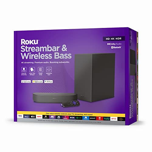 Roku Streambar & Wireless Bass Premium 4K HDR Soundbar with Subwoofer, Voice Remote, Free & Live TV Streaming