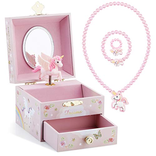 RR ROUND RICH DESIGN Kids Musical Jewelry Box for Girls with Drawer and Jewelry Set with Mysterious Unicorn - Over the Waves Tune Pink