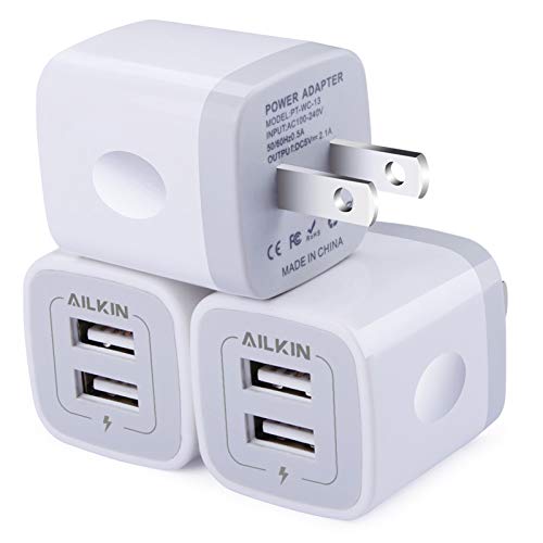 Wall Charger, 3Pack 5V/2.1A AILKIN 2-Port USB Wall Charger Home Travel Plug Power AC Adapter Fast Charging Block Cube for iPhone 15 14 13 12 SE 11Pro Max XS XR 8 Plus, Samsung Galaxy, Google Pixel Box
